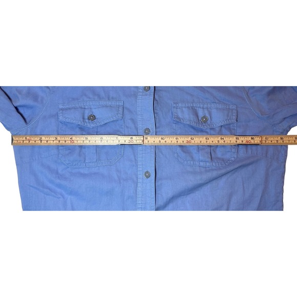 Tory Burch Button Up Women 4 Long Roll Sleeve Pocket Epaulets Sheer Shirt Blue - Picture 8 of 9